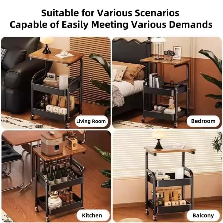 3 Tier Metal Rolling Utility Cart Organizer with Walnut Table Top