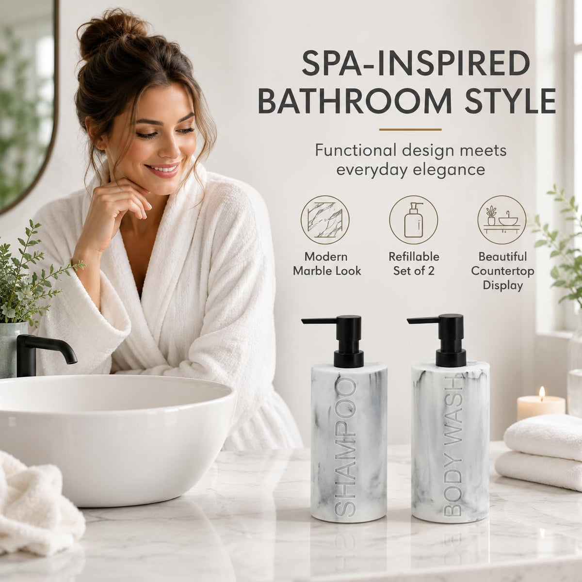 Marble Resin 2 Piece Shampoo and Body Wash Dispenser Set