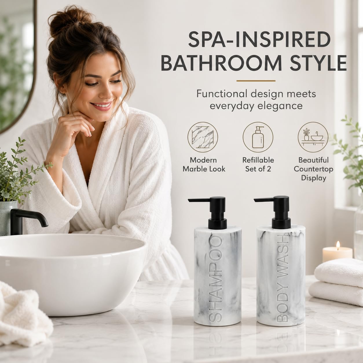 Marble Resin 2 Piece Shampoo and Body Wash Dispenser Set
