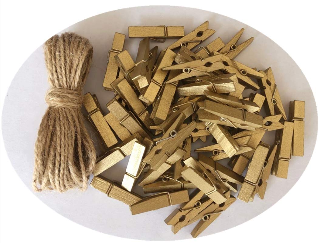 Small Wooden Clips Cute 1.5 Inch Clothespin Photo Paper Diy Craft Holder with Jute Twine Gold Pack 50 (50 Count)