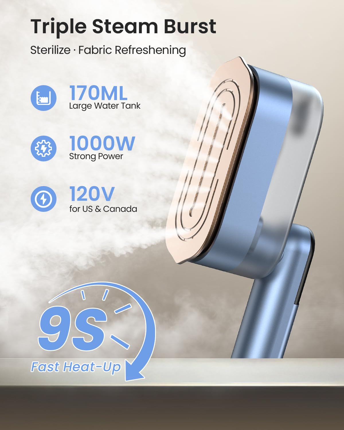 2-in-1 Steamer Iron for Clothes, 1000W, 9s Fast Heat-Up, 120V