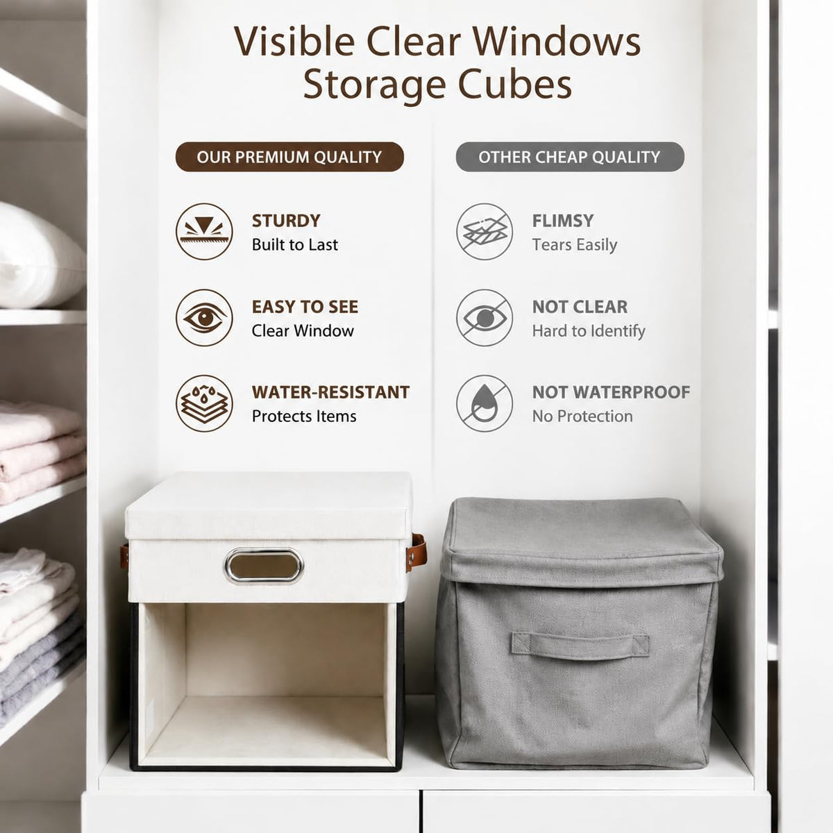 13x13 Inch Ultra Thick Fabric Storage Bins with Lids & Windows (3 Count)
