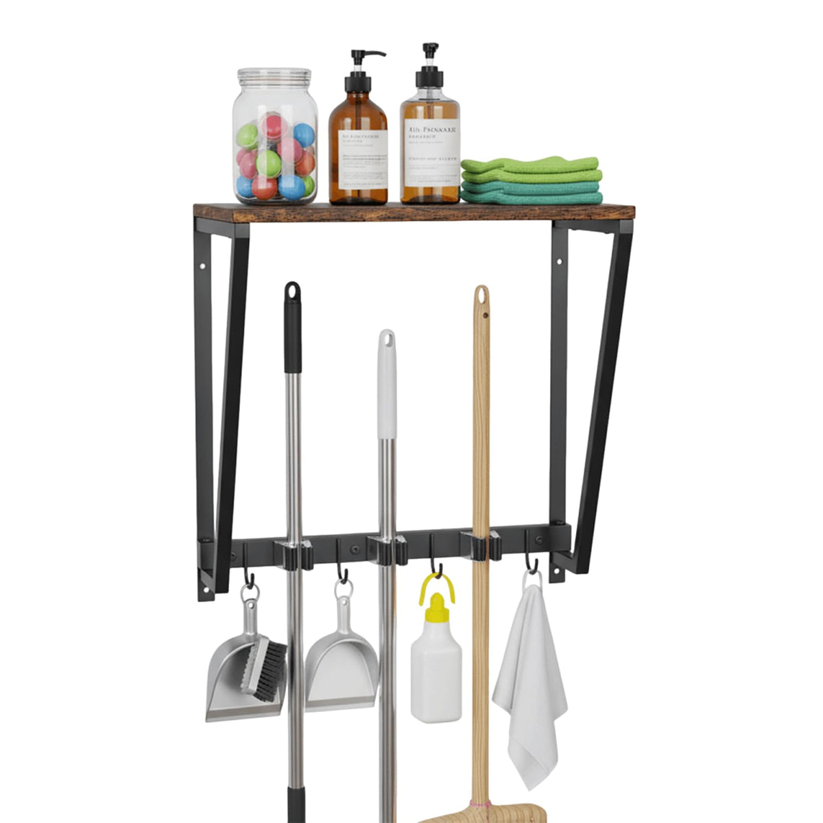 Broom Holder Wall Mount with 3 Storage Slots & 4 Utility Hooks