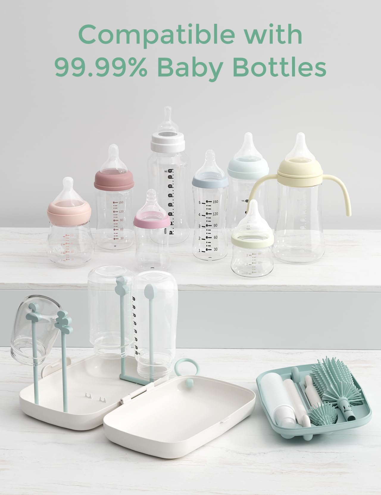 7-in-1 Baby Bottle Brush Set with Drying Rack, Green - ModHome Supplies