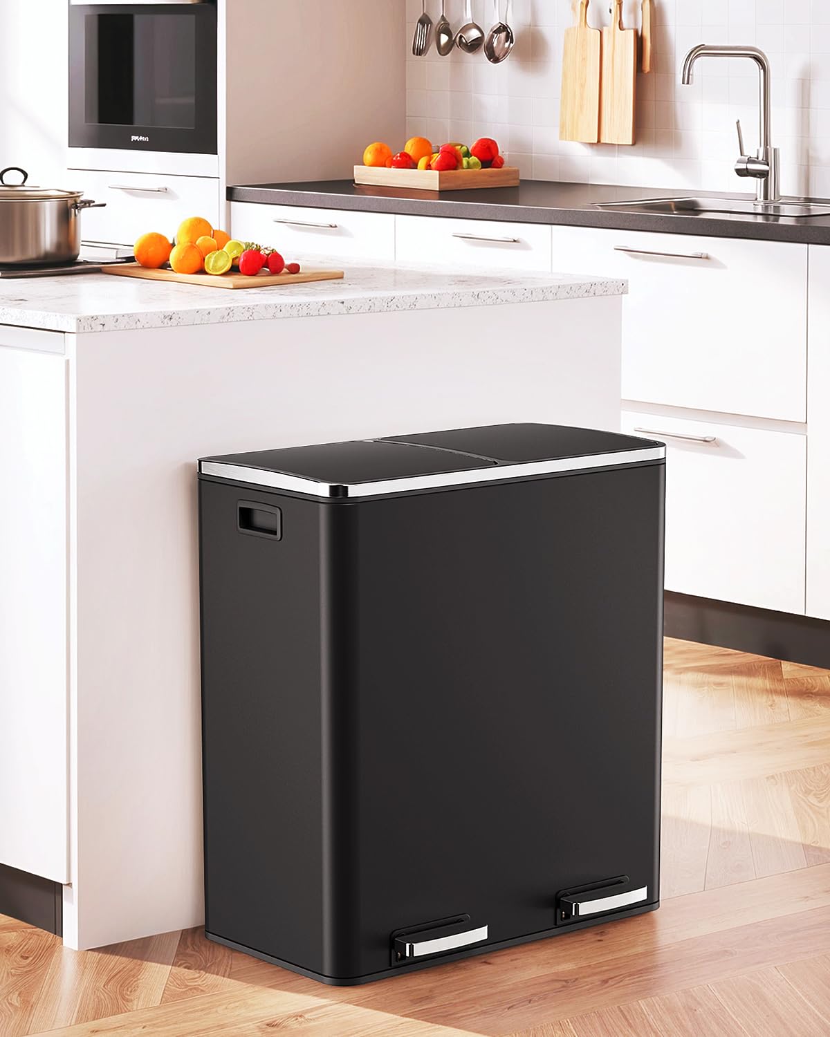 60L(16 Gal) Dual Trash Can, Stainless Steel Kitchen Garbage Can
