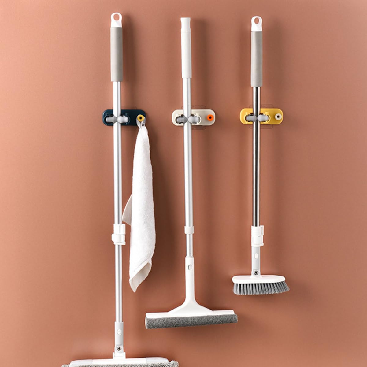 Self Adhesive Mop Holder Wall Mount No Drilling Mop Broom Storage Hook Rack for Home Use Bathroom and Kitchen Wall