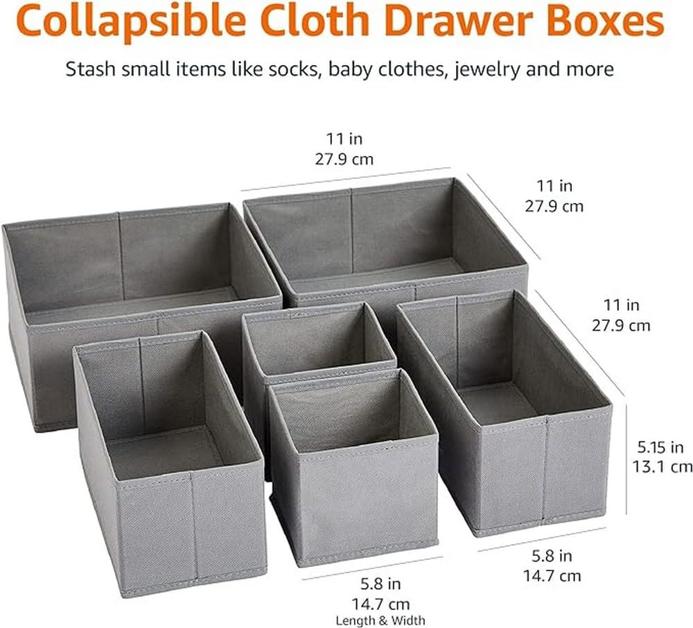 Collapsible Cloth Drawer Organizer Boxes for Socks (6 Count)