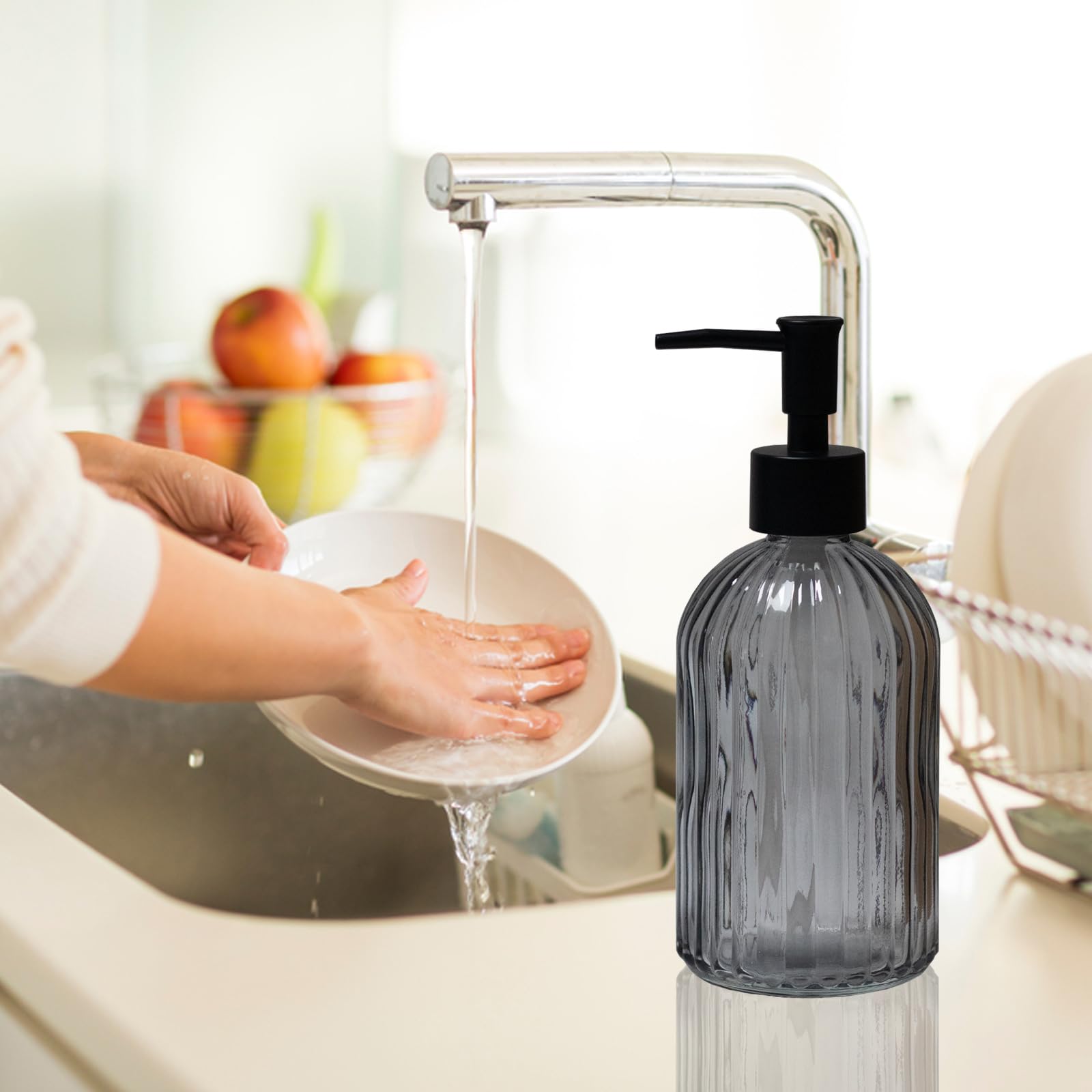 Grey Glass Soap Dispenser with Black Plastic Pump