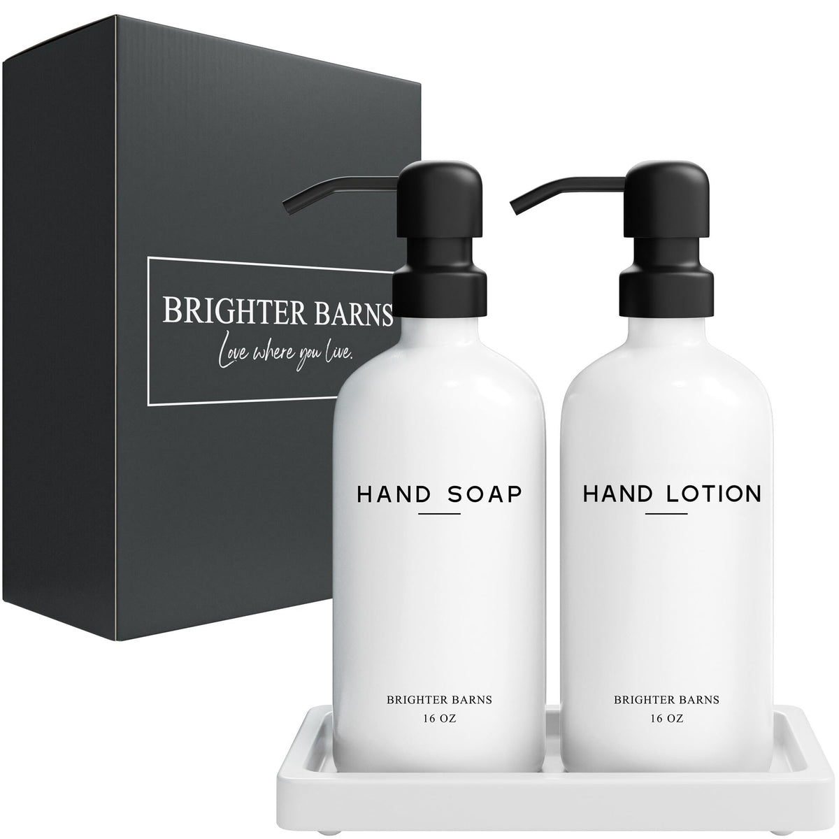 White Glass Soap and Lotion Dispenser Set with Tray by Brighter Barns