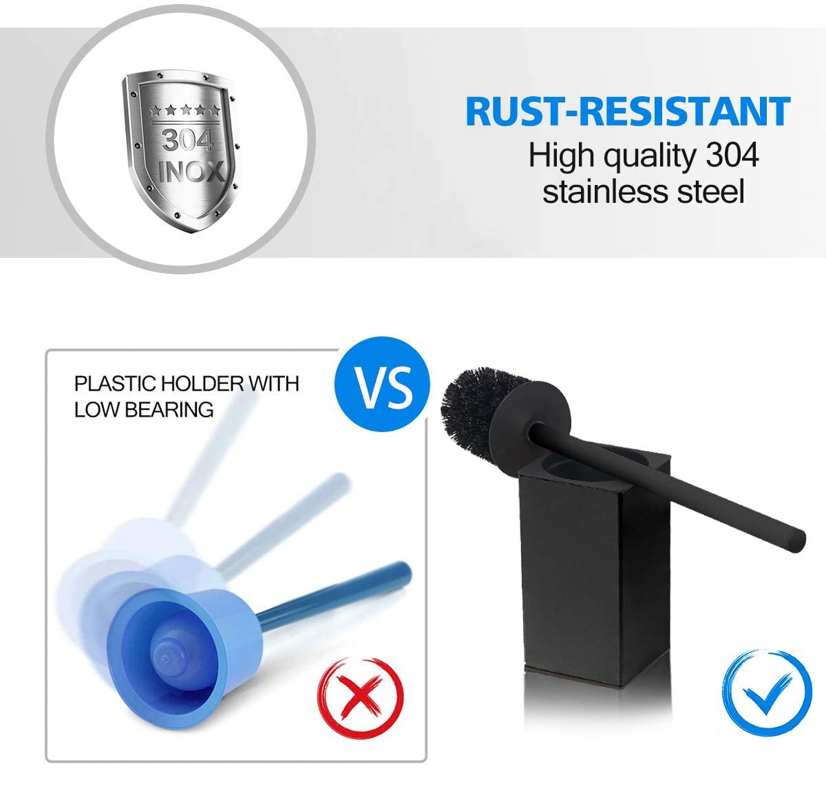 Toilet Brush Holder Stainless Steel 304 Standing Black Square Toilet Brush Holder for Bathroom Storage and Organization