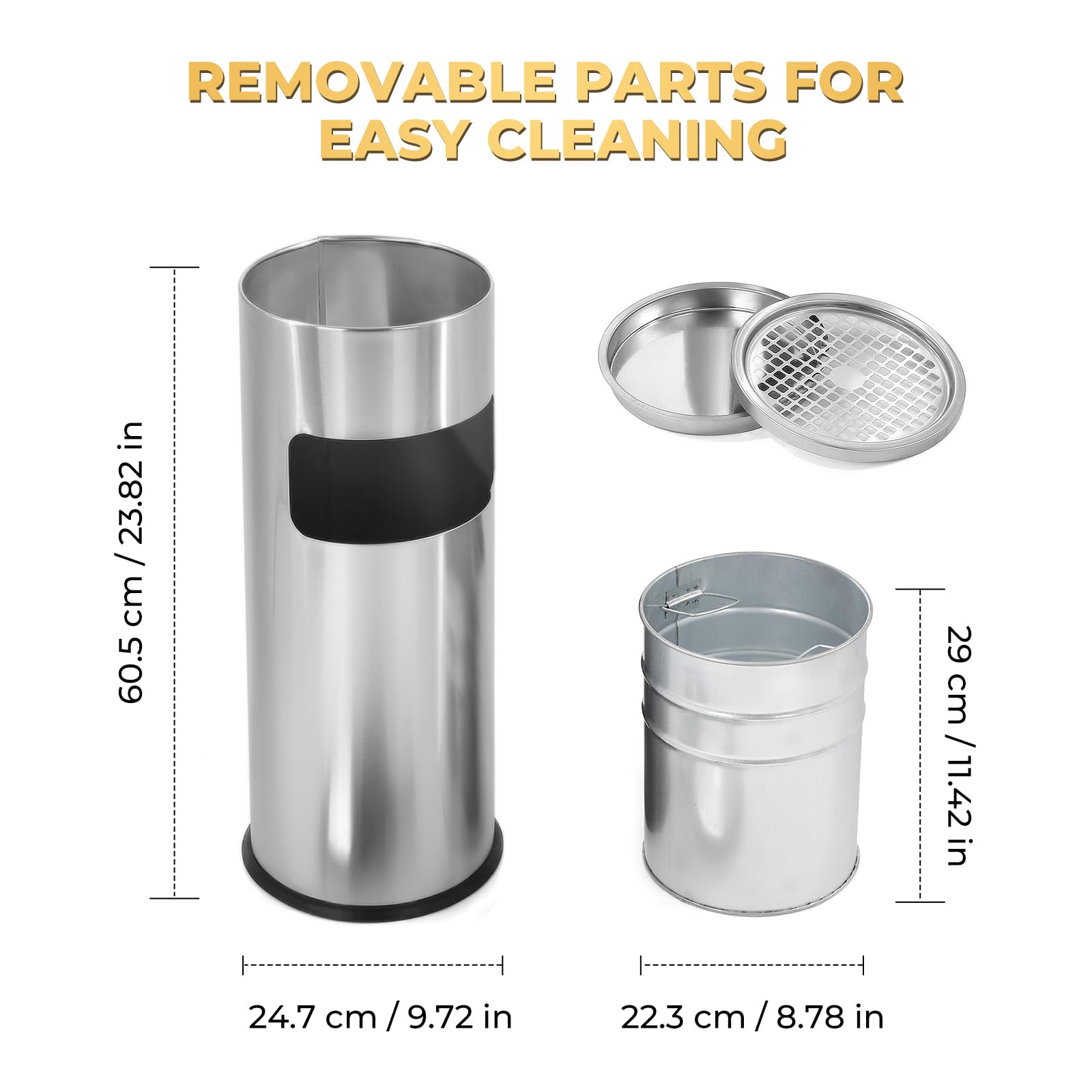 Trash Can Outdoor Waste Container Round Stainless Steel Trash Can with Removable Inner Bucket for Disposal Commercial Waste Container 9.8‘’ x 24‘’