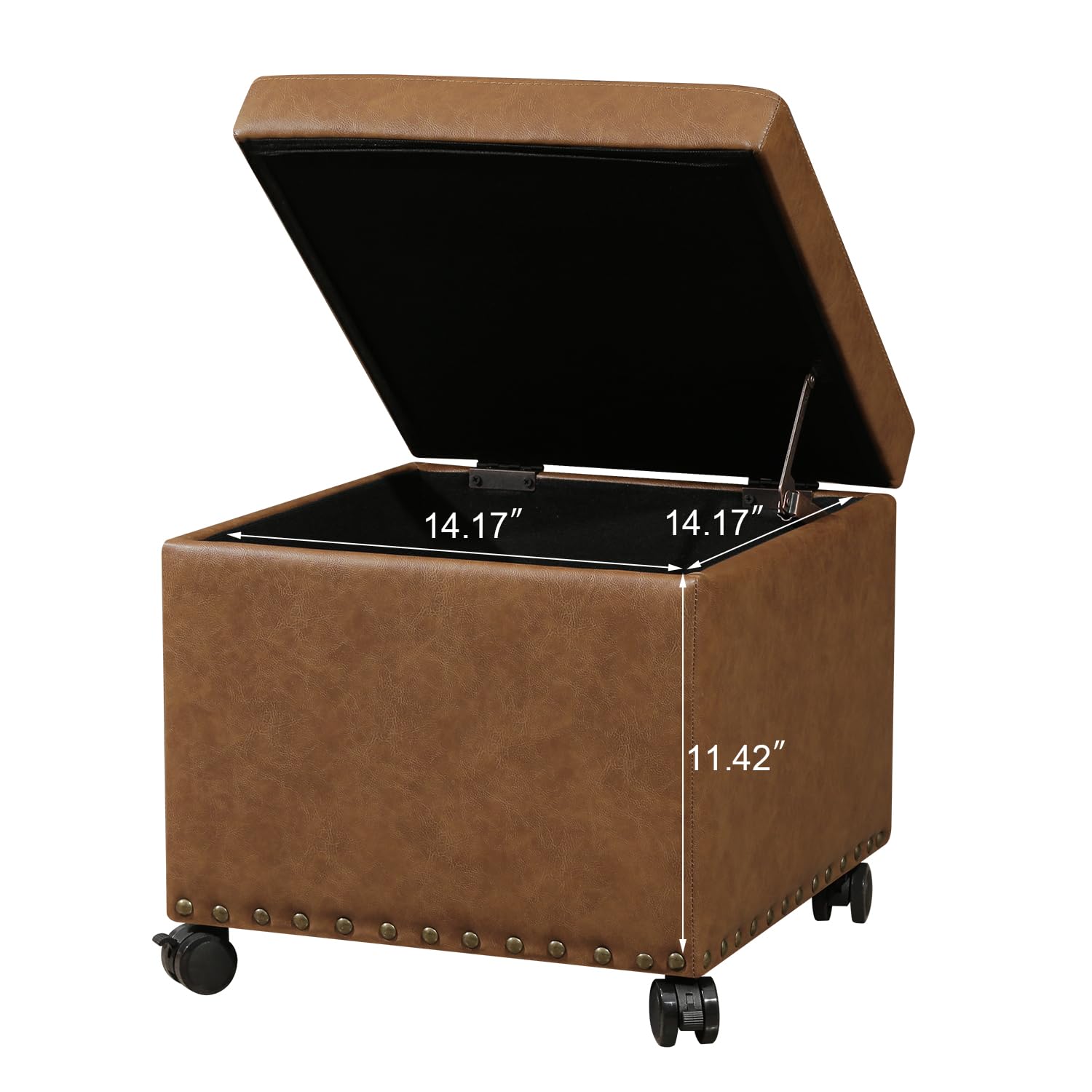 16.7" H Vintage Golden Brown Leather Storage Ottoman with 360 Caster Wheels