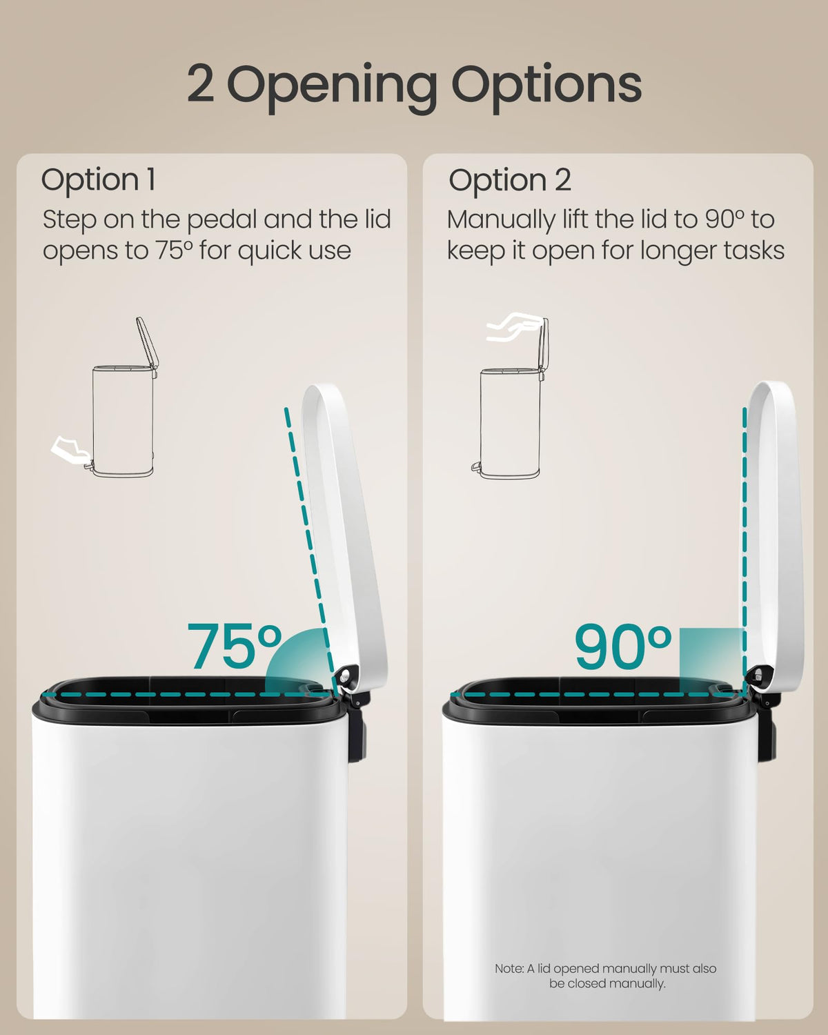 20-Gallon (75 L) Trash Can, Stainless Steel Kitchen Garbage Can, Recycling or Waste Bin, Soft Close, Step-On Pedal, Removable Inner Bucket, White ULTB075WZ01