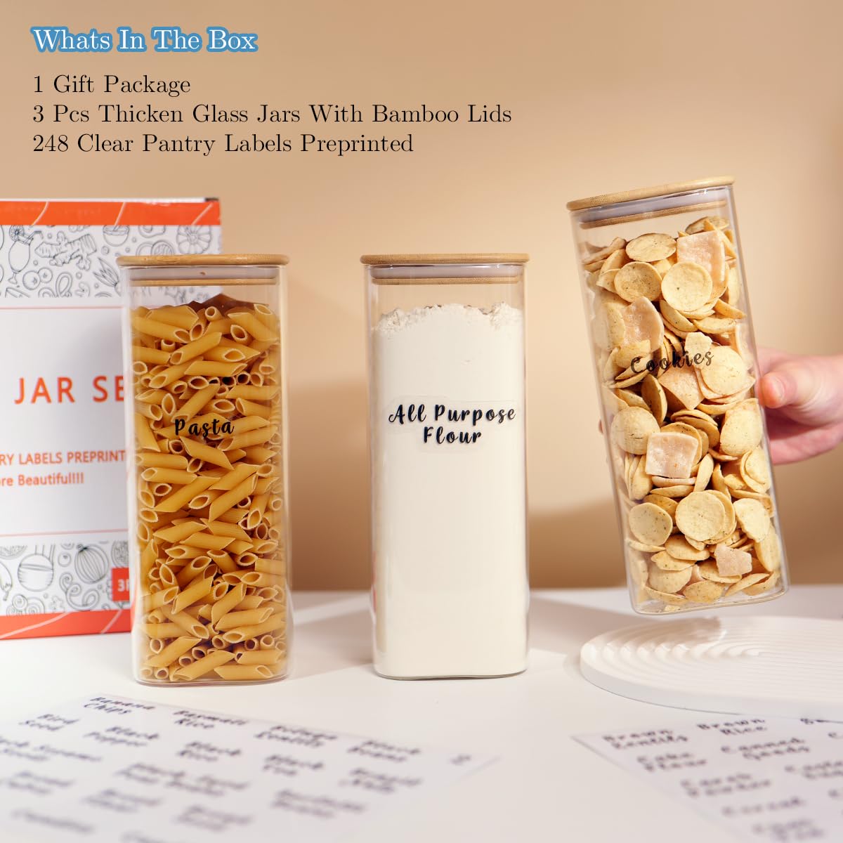 3 Pcs Square Glass Pantry Storage Containers with Bamboo Airtight Lid and 248 Clear Pantry Labels Preprinted