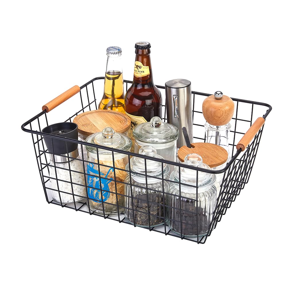 Large black wire basket for Organizing with Wooden Handles