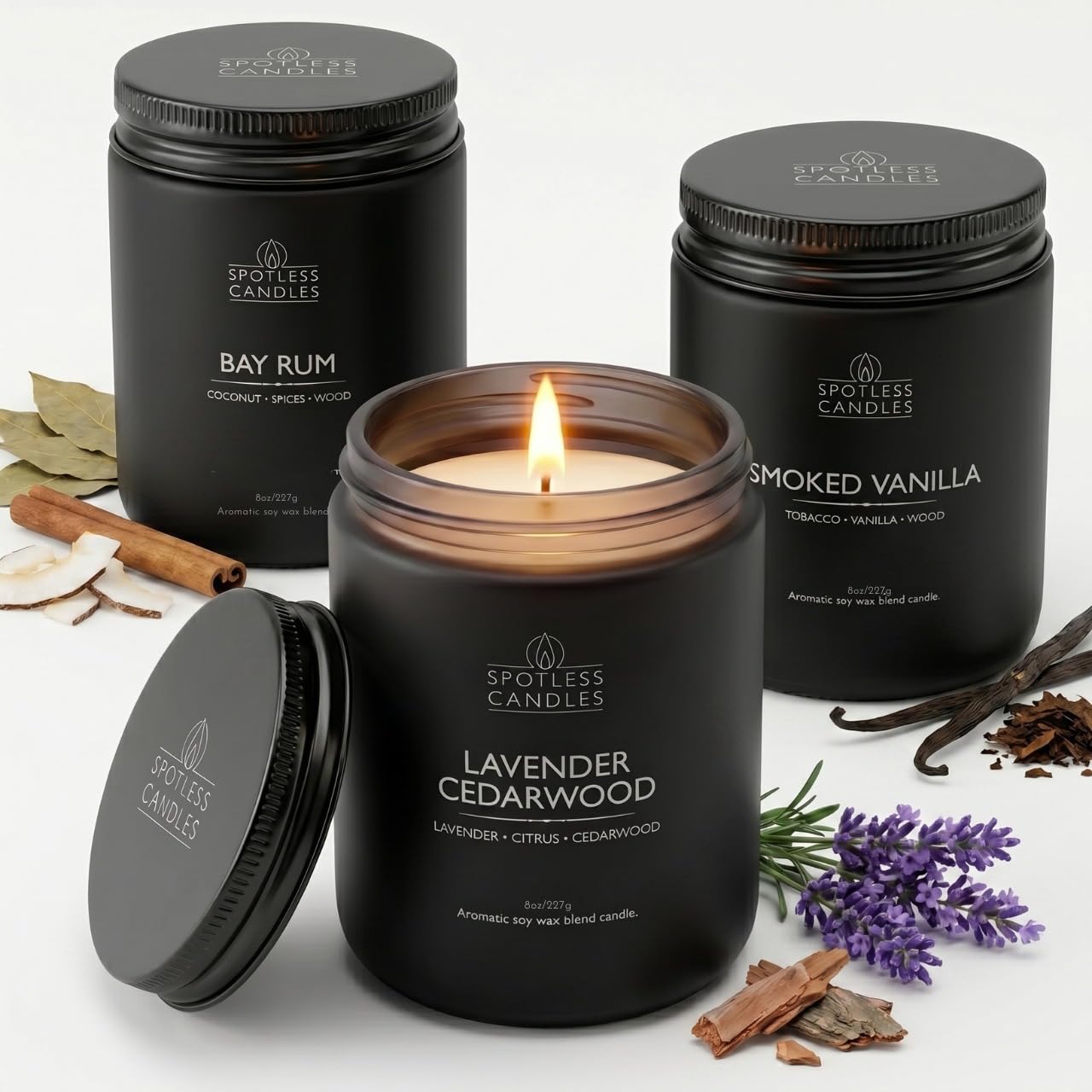 Mens Candle 3 x 8oz Pack Smoked Vanilla Bay Rum and Lavender Cedarwood Scents (3 Count)
