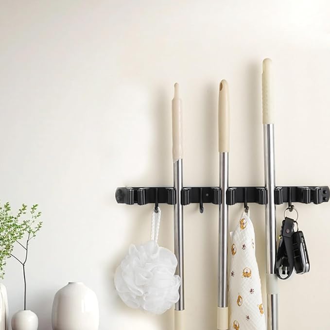 Over The Door Broom Holder with 2 Over Door Hooks Wall Mount Mop and Broom Holder Stainless Steel Mop Holder Utility Broom Gripper Drilling Free Mop Hanger for Home Bathroom Kitchen Garden