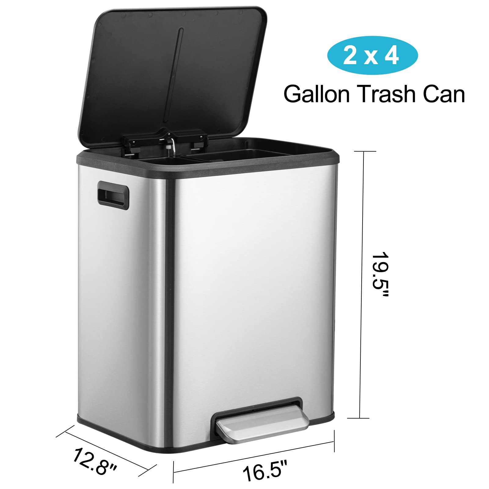 Dual Trash Can Stainless Steel Kitchen Recycling Bin Foot Pedal