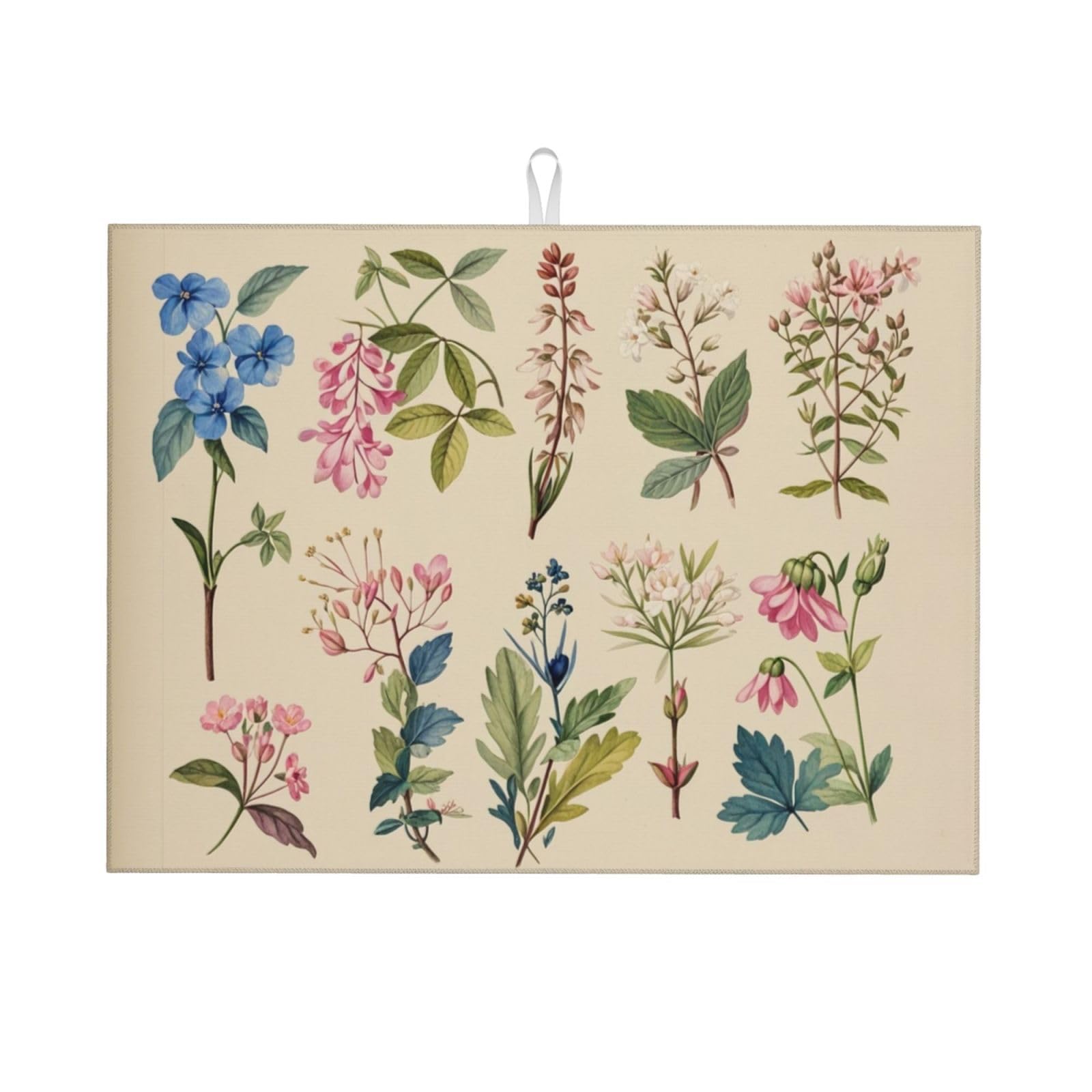 Vintage Plants Herbs Floral Dish Drying Mat Highly Absorbent Double