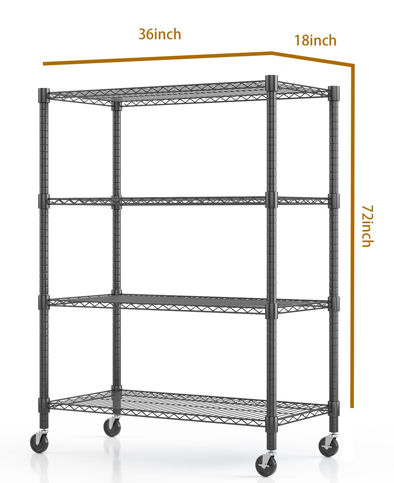 18" D×36" W×72" H Storage Shelves with Wheels Metal Wire Shelving Unit 4 Tier Adjustable Shelving Heavy Duty Garage Shelf Organizer Rack Loads 1600LBS
