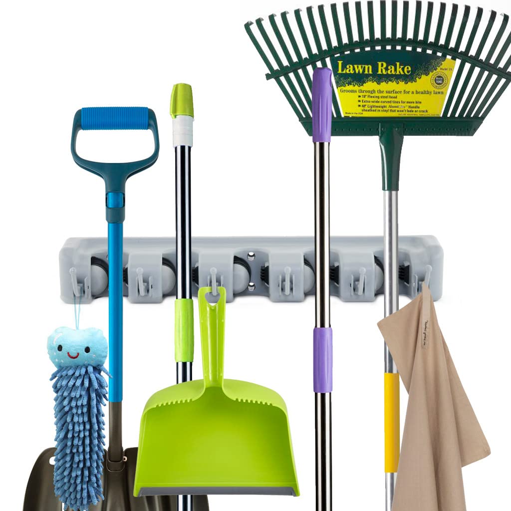 Broom Holder with 5 Holding Positions & 6 Hooks