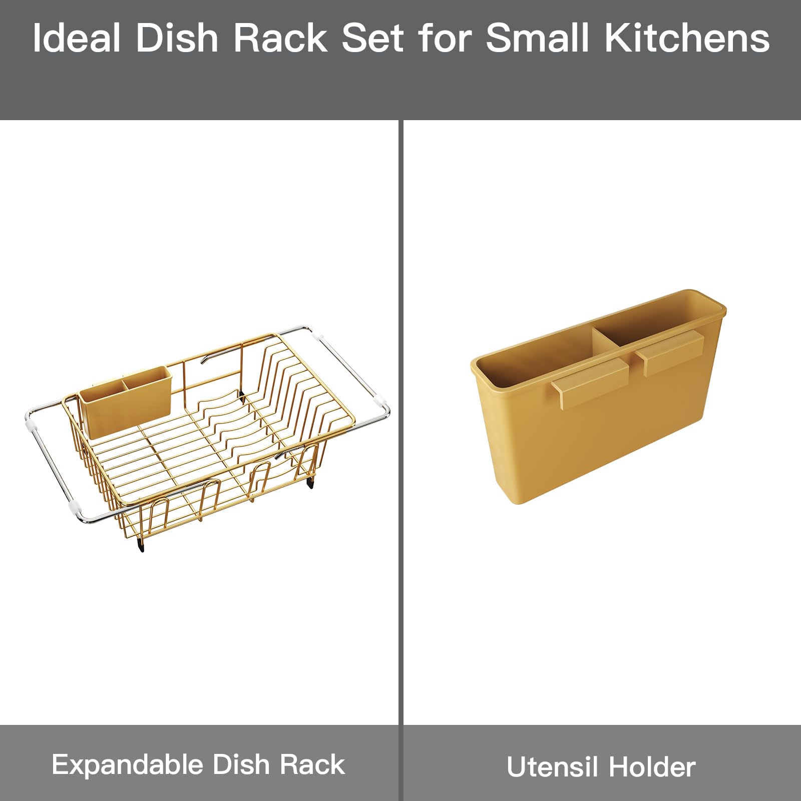 Gold Dish Drying Rack Over The Sink with Utensil Holder