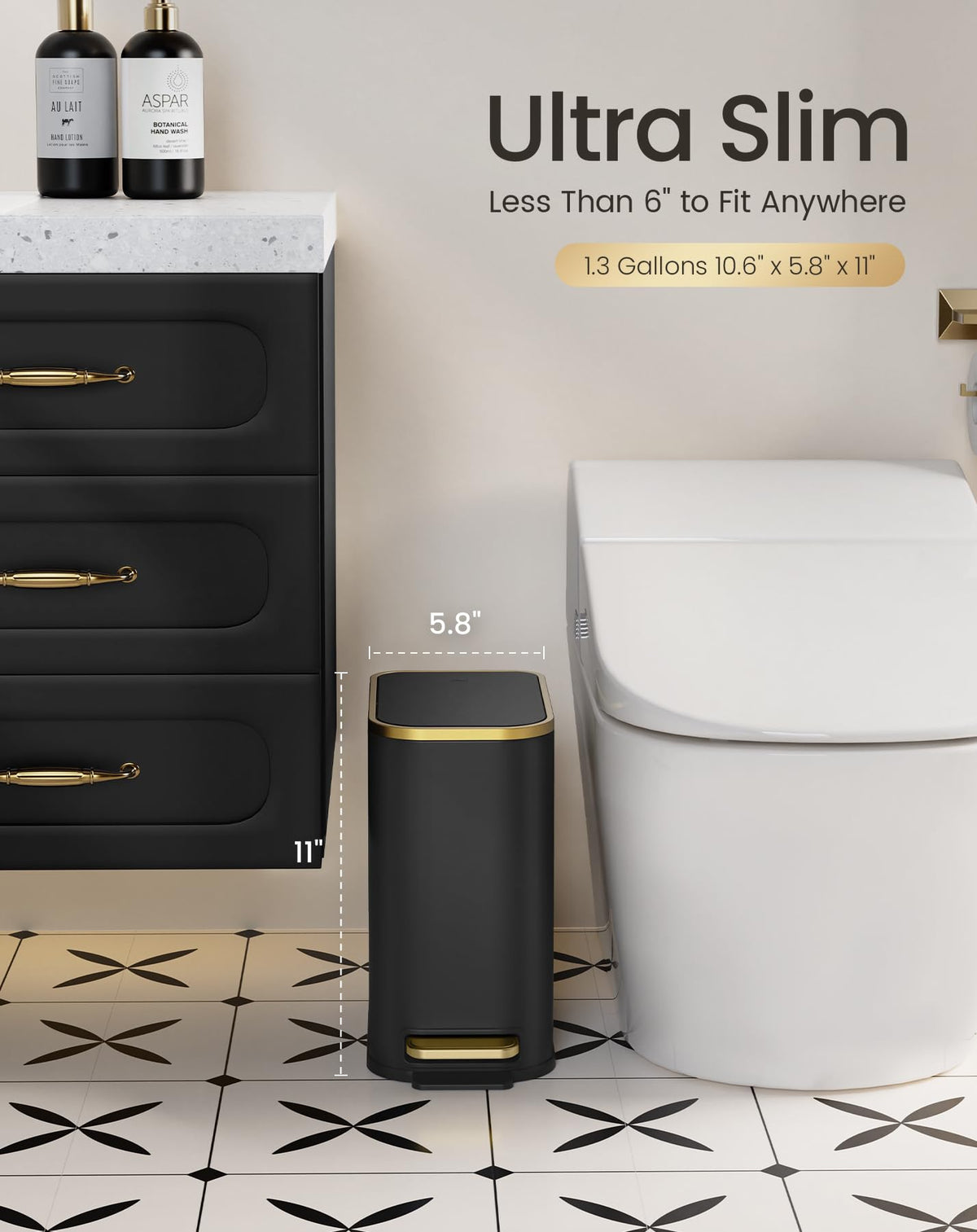 Small Bathroom Trash Can with Gold Grimmed Lid & Pedal