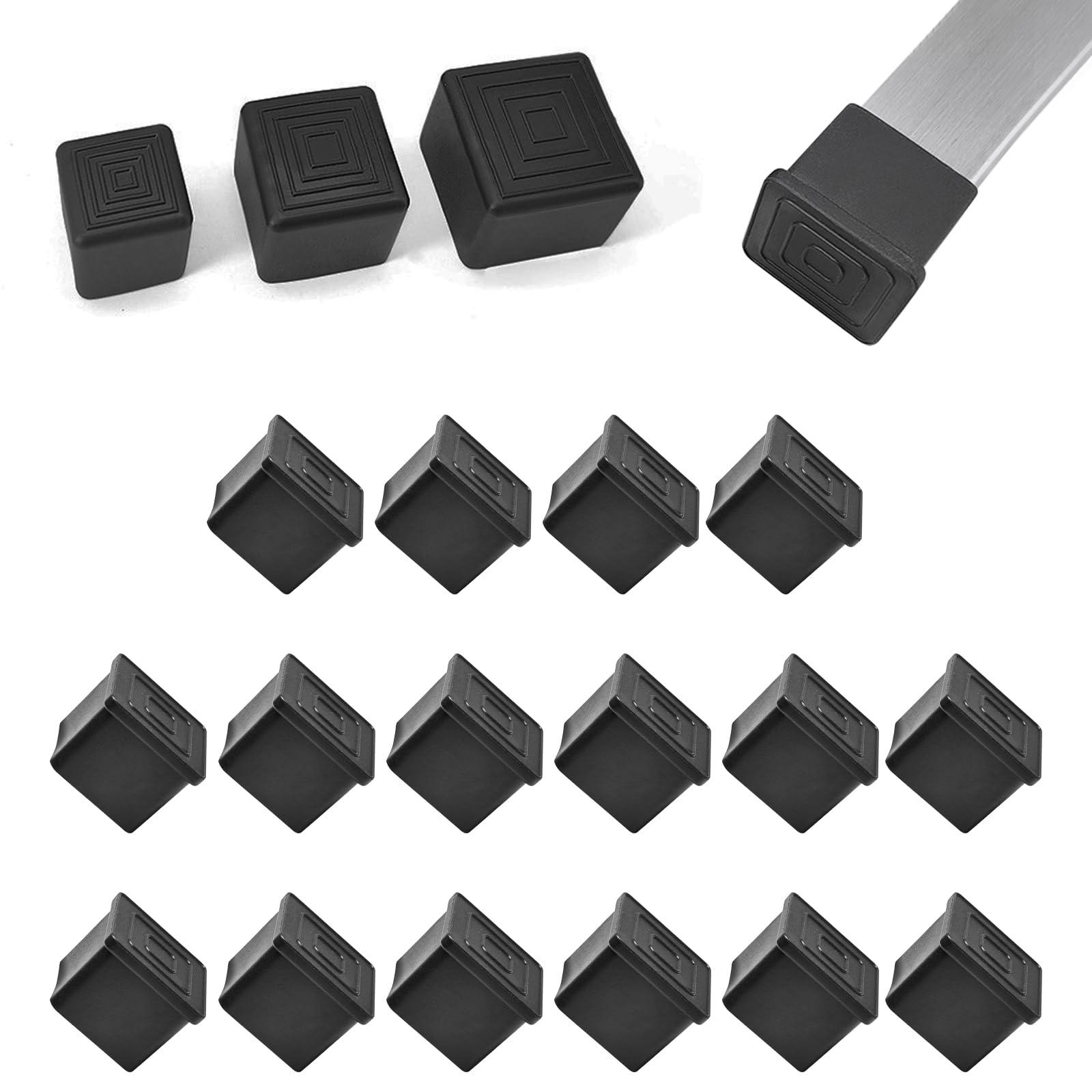 16 Pcs 1-3/4" x 1-3/4" Black Square Rubber Chair Leg Caps (16 Count)