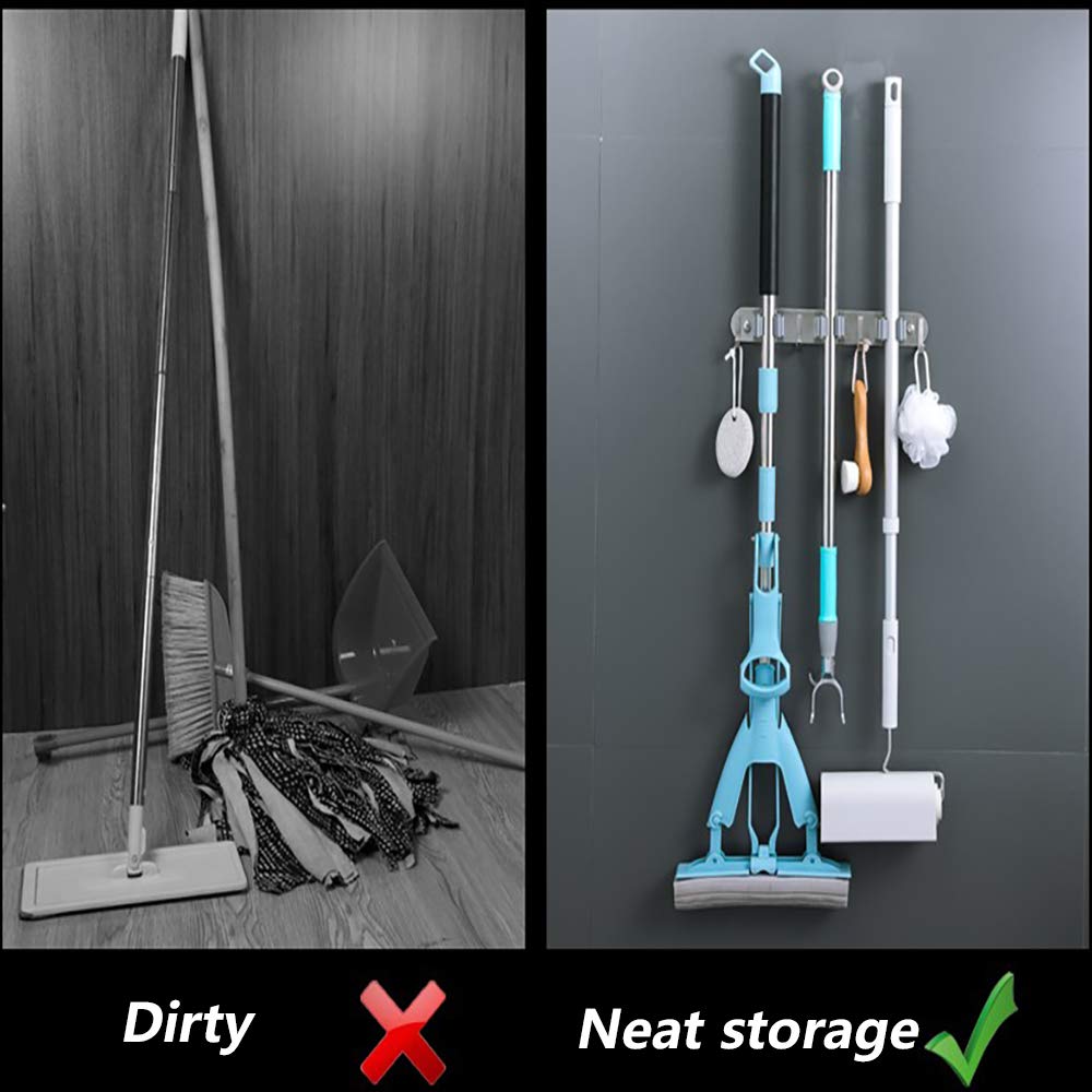 4 PCS Broom Holder Wall Mount with 3 Racks 4 Hooks (4 Count)