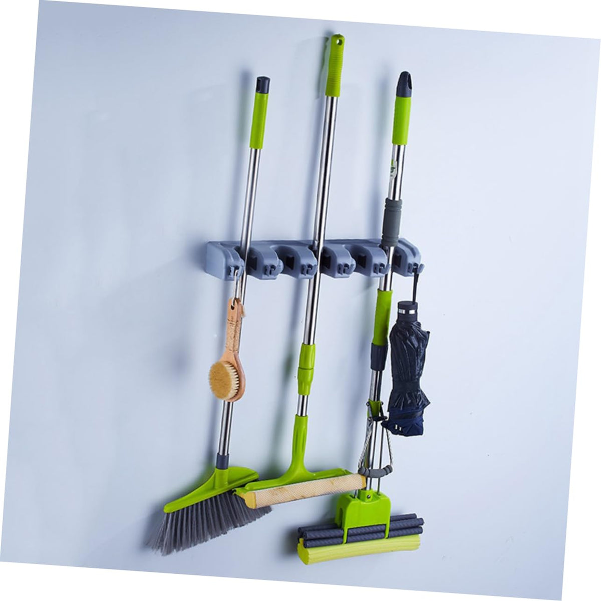 Multi Purpose Wall Mounted Mop Organizer with Grips and Hooks Storage Holder for Brooms Mops and Tools for Bathroom Kitchen and Garage Organization