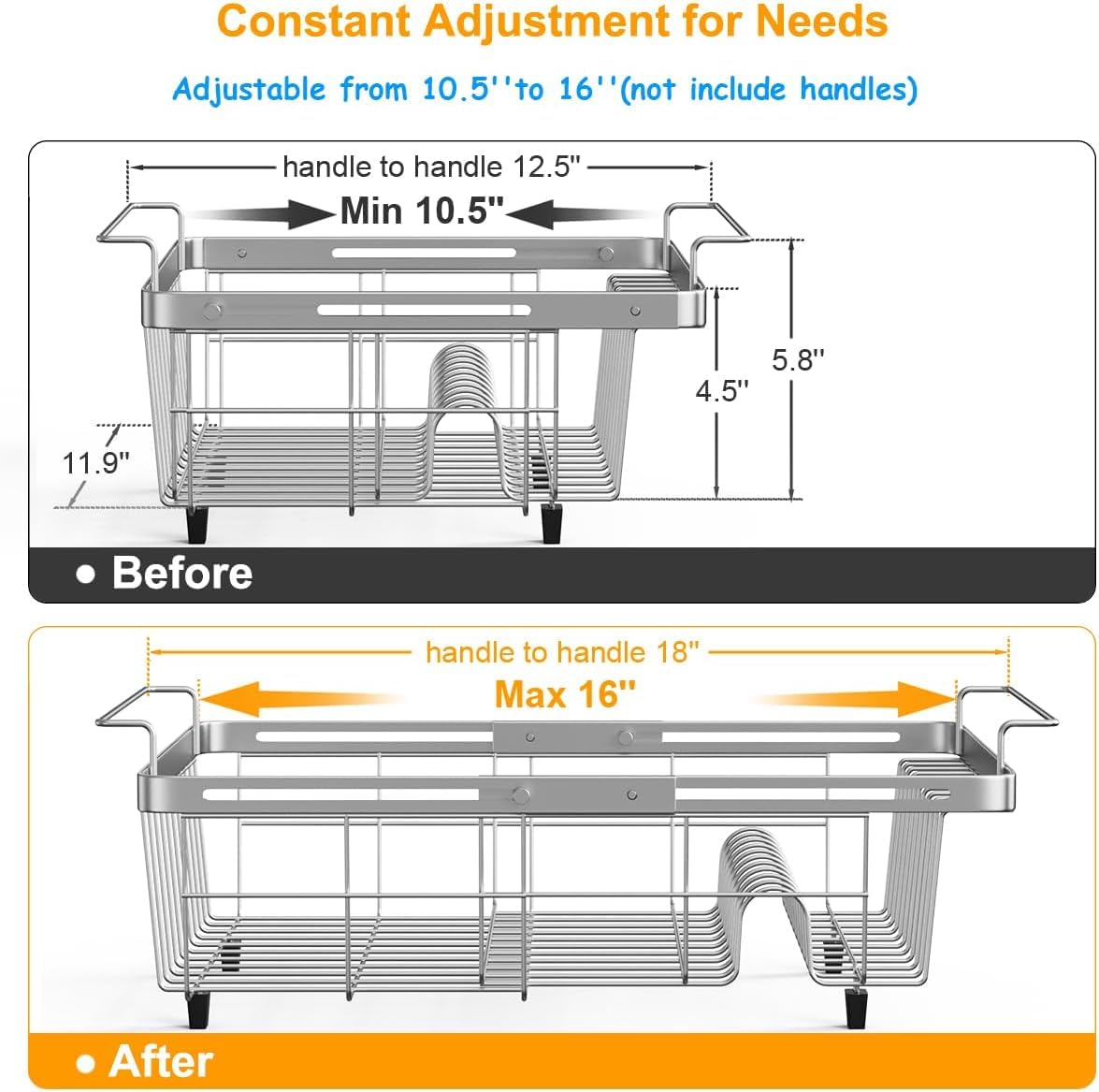 Capacity Expandable Over Sink Dish Drying Rack Stainless Steel