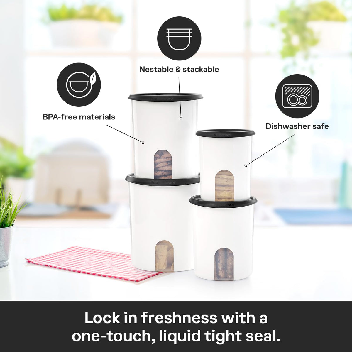 One Touch Reminder Canisters 4 Canister Food Storage Set in White & Black