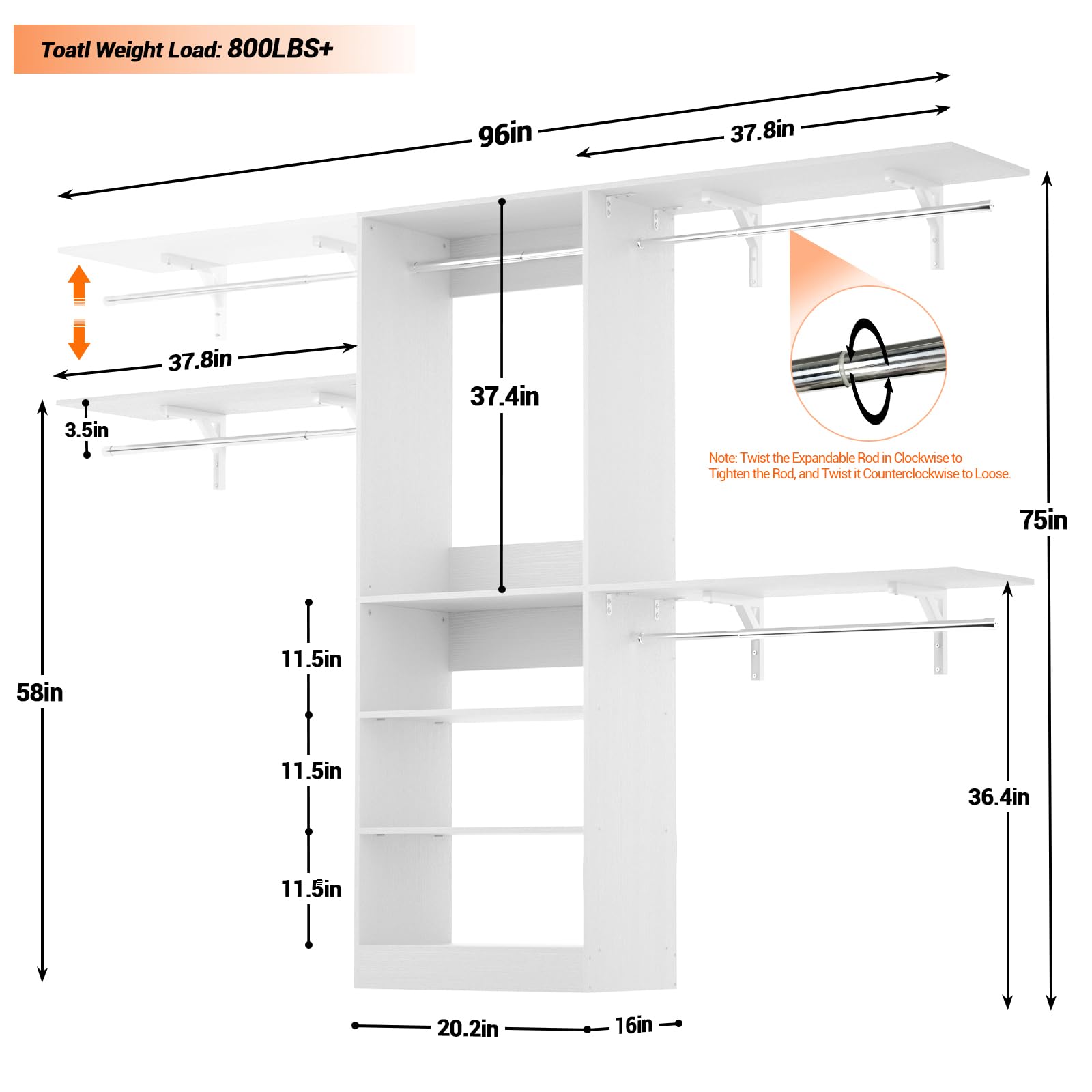 8FT Closet System with 3 Wooden Storage Shelves