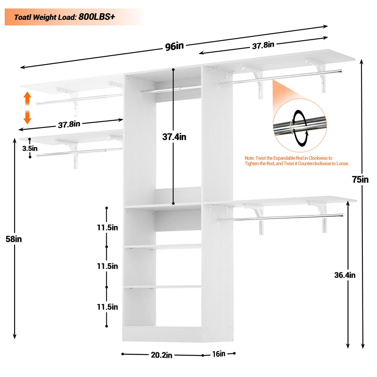 8FT Closet System with 3 Wooden Storage Shelves