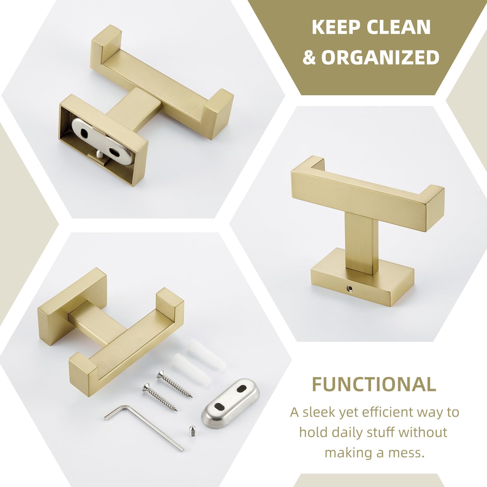 Double Towel Hook Brushed Gold