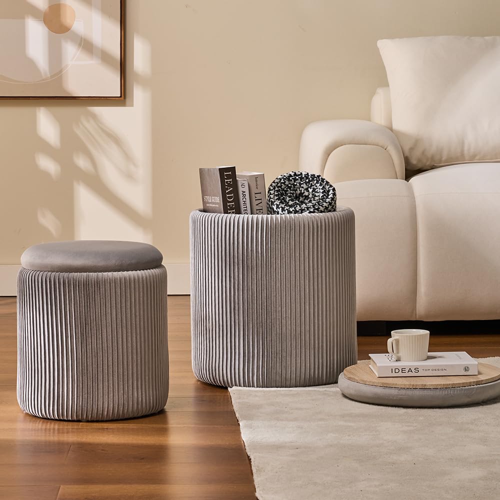 Set of 2 Round Storage Ottoman Light Grey Velvet Ottoman with Storage
