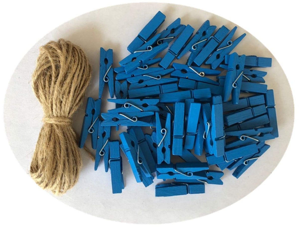 Wood Clothes Pins for Crafts Party Decor Small Clips Hold Card with Jute Twine Dark Blue Pack 50 (50 Count)