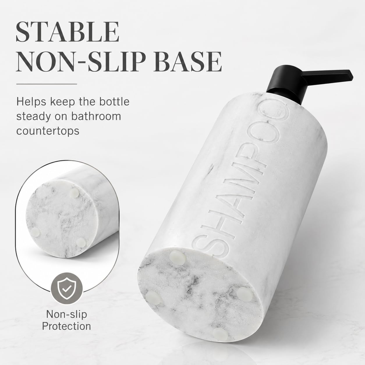 Resin White Marbled Shampoo Engraved Bottle Refillable Pump Dispenser