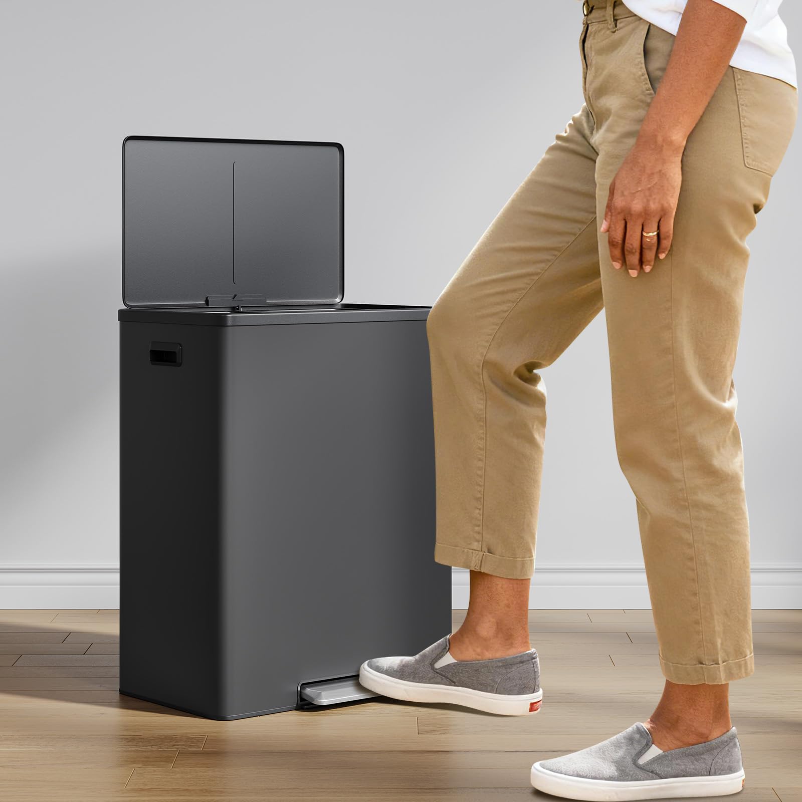 Dual Trash Can Stainless Steel Kitchen Recycling Bin Foot Pedal (2 Count (8 Gal each))