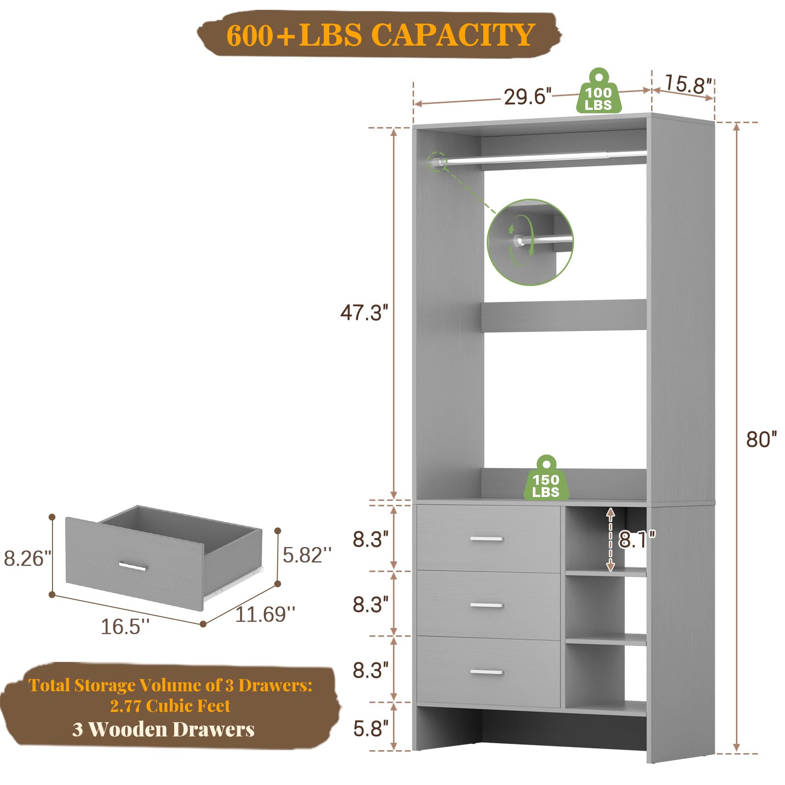 2.5FT Closet System with 3 Drawers