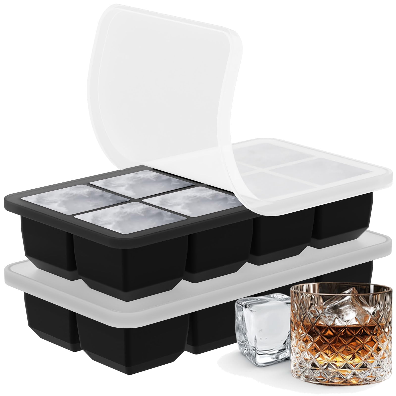 2 Pack Silicone 2 Inch Large Ice Cube Molds for Cocktails Wine Fruit and Bourbon Whiskey Easy Release Ice Cube Tray with Lid Ideal for Cold Drinks and Entertaining Gatherings (15.34 Ounce)