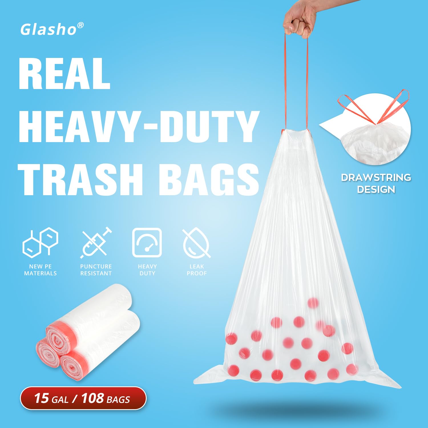 15 Gallon Drawstring Trash Bags (108 Count)