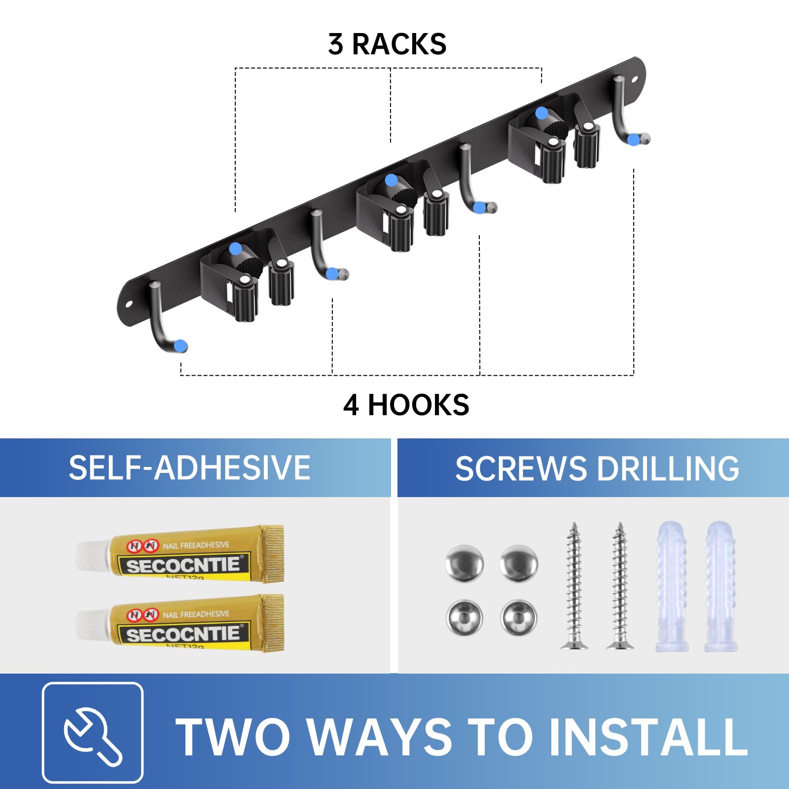 Wall Mount Broom Holder 3 Racks 4 Hooks Metal Tool Organizer Black