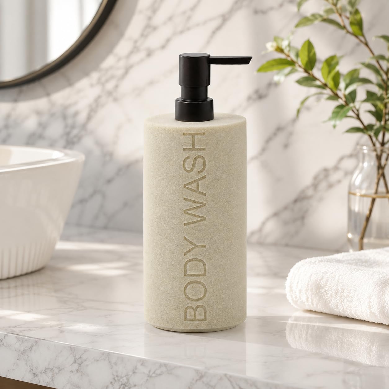 Resin Tan Sandstone Body Wash Engraved Bottle Refillable Pump Dispenser