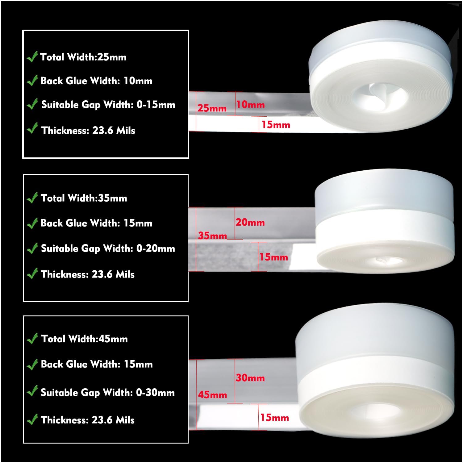 Silicone Seal Weather Stripping Tape 16.5 Ft Strip Bottom Draft Insulation Stopper Tape Weatherproof Soundproof for Door or Window Bathroom Shower Glass Gaps（35mm*5m） (16.5 Foot)