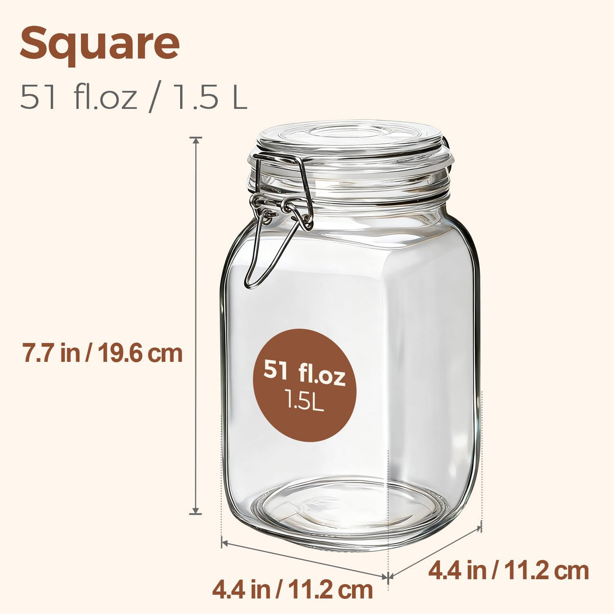 Square Glass Jars with Airtight Lids 51 oz 3 Pack Wide Mouth (3 Count)