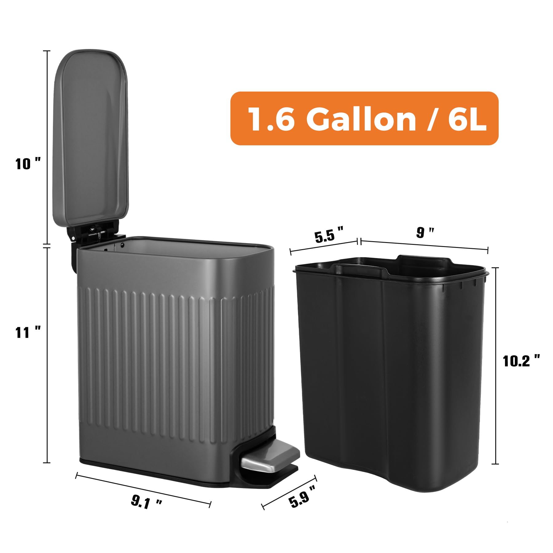 Small 1.6 Gallon Stainless Steel Trash Can with Removable Inner Bucket