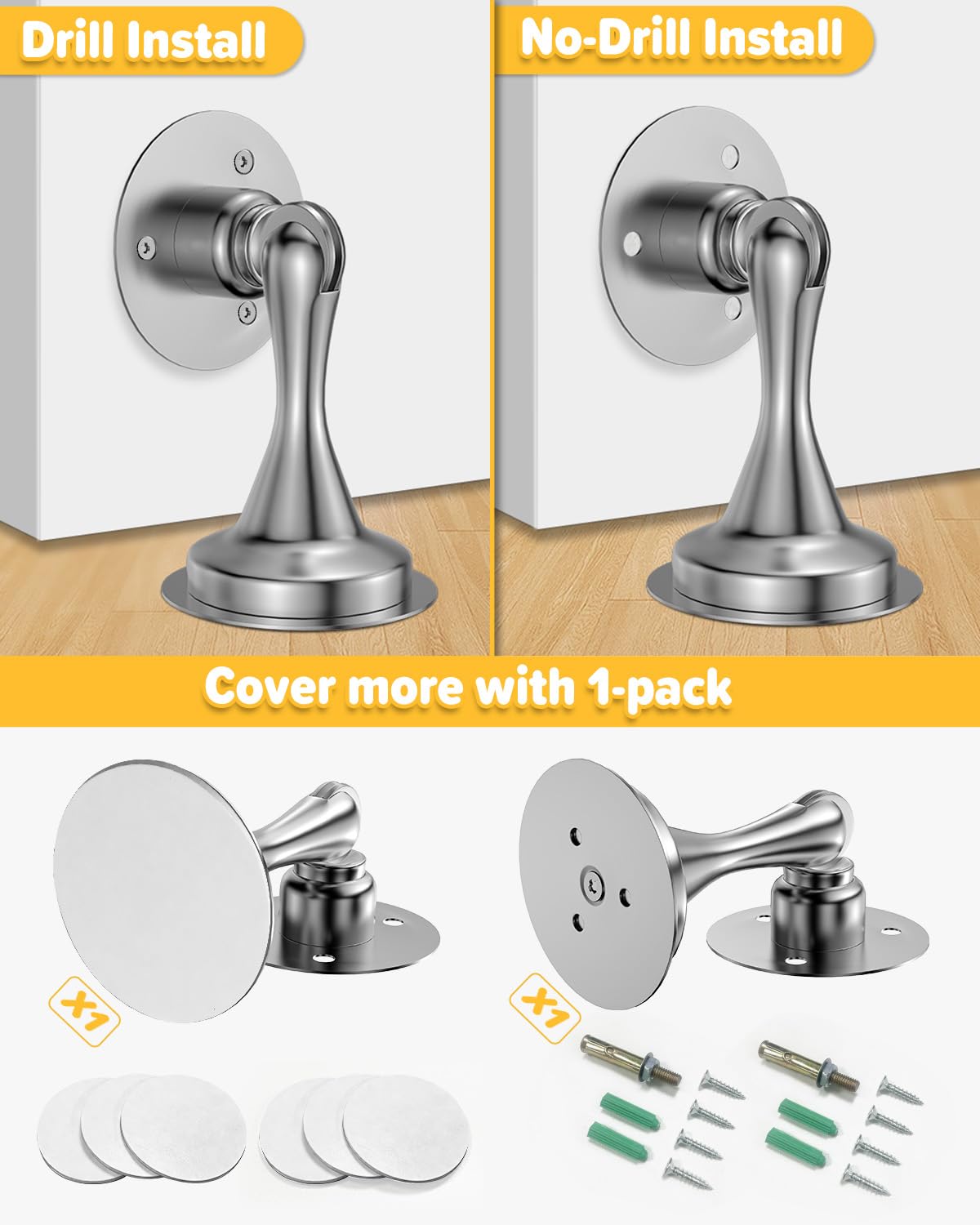Door Stops for Bottom of Door Magnetic Door Catch Wall Mount 1 Pack Silver