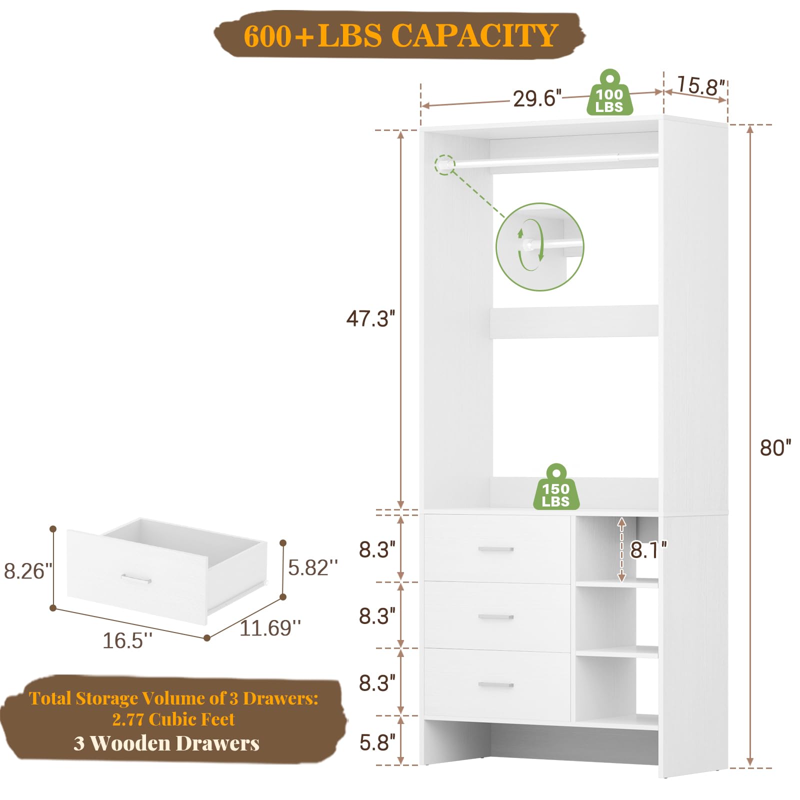 2.5FT Closet System with 3 Drawers