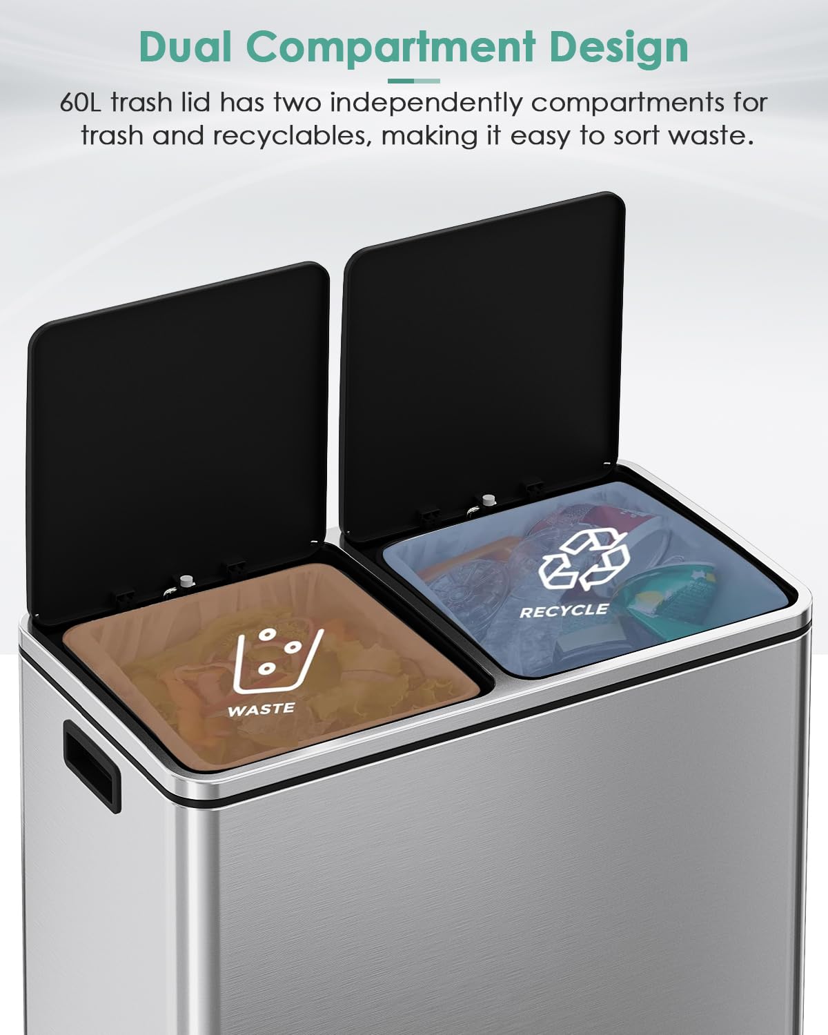 60L(16 Gal) Dual Trash Can, Stainless Steel Kitchen Garbage Can
